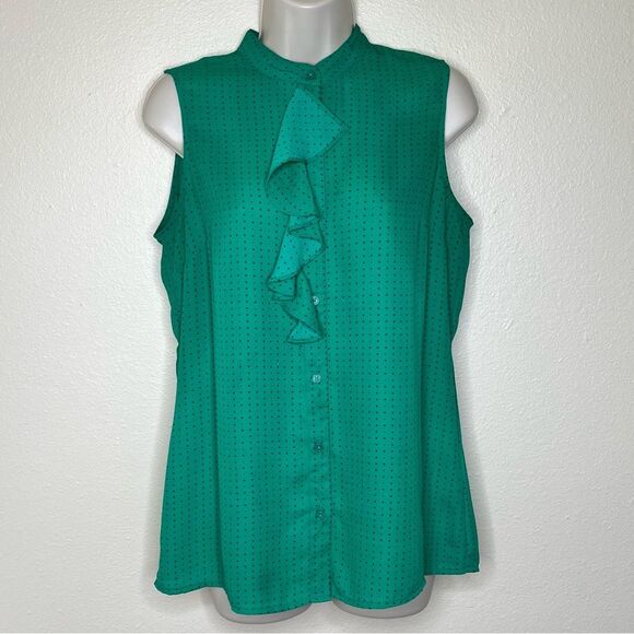 Banana Republic Sleeveless Dot Ruffle Placket Green Blue Button Top Women Small - Picture 11 of 11